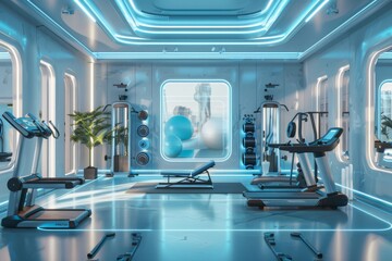 Fototapeta premium Futuristic gym interior with neon lights