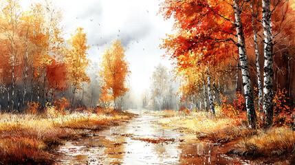 Fototapeta premium Autumnal Forest Landscape: Serene Birch Trees and Golden Creek