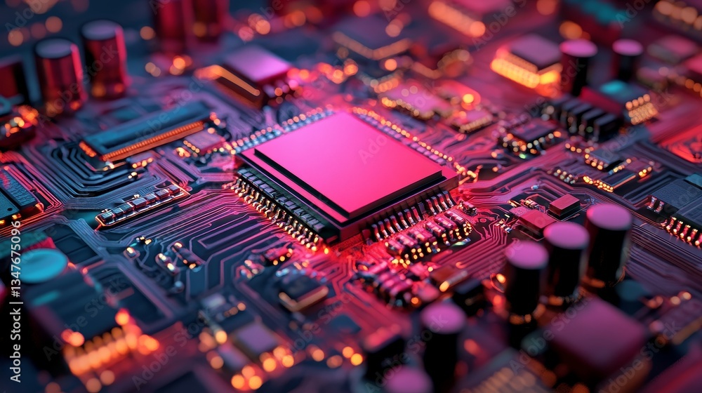 Poster in a 3d render, white neon data flows across a futuristic motherboard from the cpu, highlighting an 