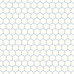 Fototapeta premium Repeated white polygons on blue background. Honeycomb wallpaper. Seamless surface pattern design with regular hexagons. Grill motif. Digital paper for page fills, web designing, textile print. Vector
