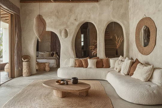 salon rustico mediterraneo tipo cueva con arcos en puertas, sofa en L beige, cojines marrones, mesita de madera y lamparas de rafia