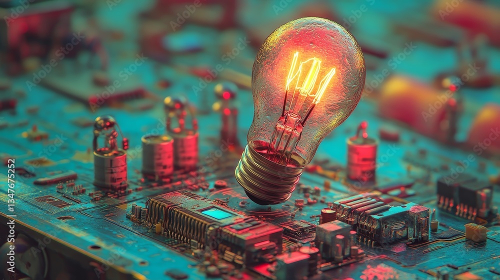 Poster in a 3d render, a microchip featuring a lightbulb symbol embodies the innovation technology concept,