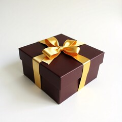 Obraz premium Dark Brown Gift Box with Glossy Finish and Elegant Golden Satin Ribbon Bow on a Clean White Background. Chocolate color gift box isolated on white 