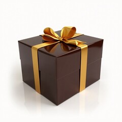 Dark Brown Gift Box with Glossy Finish and Elegant Golden Satin Ribbon Bow on a Clean White Background. Chocolate color gift box isolated on white 