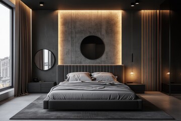 A modern bedroom with dark colors and decorative lighting