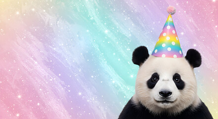 Whimsical Panda Bear in a Festive Hat on a Soft Gradient Pastel Fantasy Background
