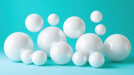 Floating white spheres on a cyan background.