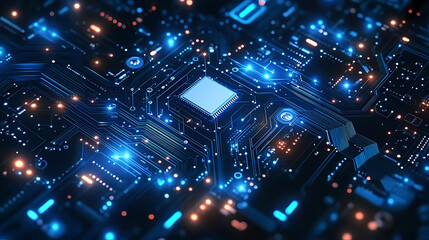 Fototapeta premium Complex Circuit Board with Microprocessor on Dark Background