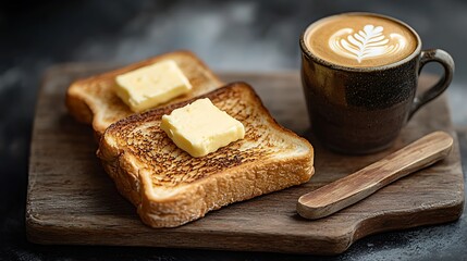 A visually stunning breakfast setup featuring a golden-brown buttered toast on a handcrafted wooden board, a cup of smooth cappuccino with delicate foam, and a rustic butter knife.