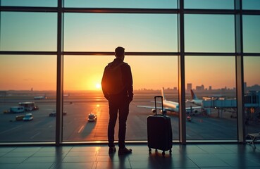 Traveler watches sunset from airport terminal waiting flight departure. Silhouette person with suitcase, backpack enjoys beautiful scenery. Journey, vacation, travel concept. Horizon, sky, clouds,