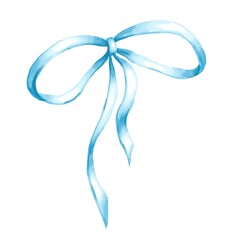 Blue ribbon bow. Watercolor illustration