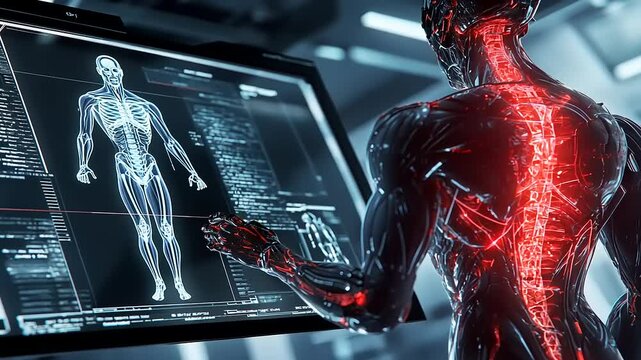 Futuristic humanoid analyzing digital anatomy display in lab