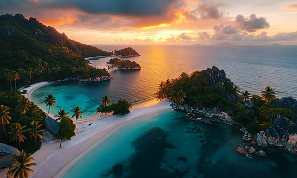 Aerial view of a stunning tropical beach with turquoise waters, white sand, and lush green islands at sunset in Raja Ampat, Indonesia. The warm golden light of the setting sun bathes the scene in a be