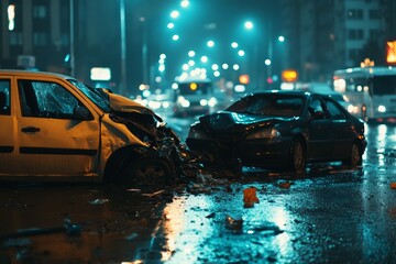 Fototapeta premium Head-on collision on urban street at sunset. AI generative