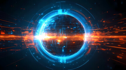 Glowing Blue Sphere Surrounded by Orange Lines and Effects