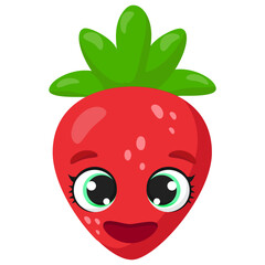 Smiling strawberry character with big eyes and green leaves. Bright and cheerful fruit illustration perfect for kids' products, packaging, stickers, digital designs, and educational materials