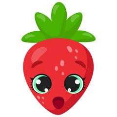 Obraz premium A surprised strawberry with large green leaves and expressive wide eyes. Bright and fun fruit design perfect for packaging, kids' prints, educational materials, and digital projects
