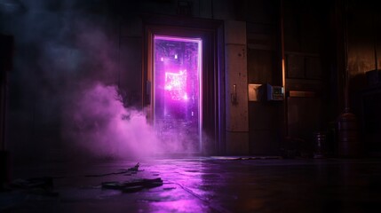 Eerie Entrance with Neon Glow, Mysterious Doorway Amidst Fog and Shadows