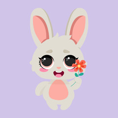 Fototapeta premium Adorable bunny holding a delicate flower with a cheerful expression. Perfect for greeting cards, children's products, nursery decor, Easter themes, and spring celebrations