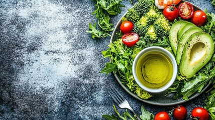 Healthy avocado salad plate,  rustic background, oil dressing, recipe