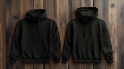 A black hoodie mockup with both front and back views, isolated against a wooden wall background for design placement. 40k, , high resolution