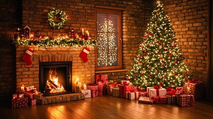 Cozy Christmas Living Room with Fireplace and Decorated Tree