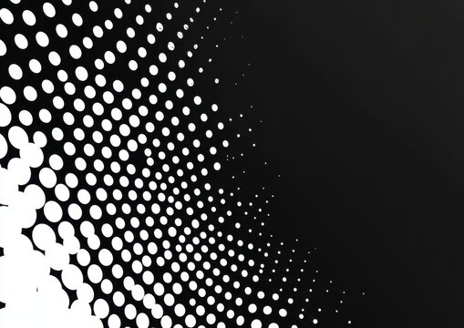 Black and white halftone vector pattern with large dots of different sizes on the right side of an all-black background Generative AI