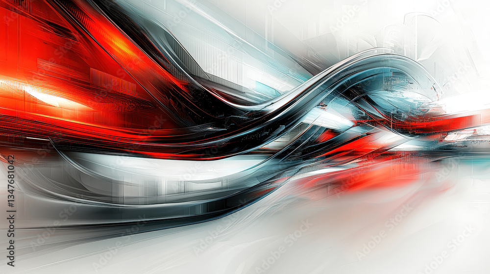 Poster abstract composition showcases angular forms and metallic textures in a bold palette of red, teal, a