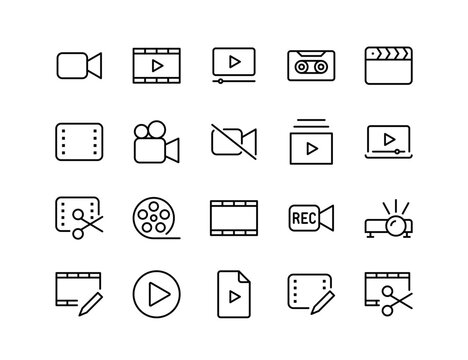 Video Editing Icons Set | Movie, Film, Play, Record, Cut, and Media Symbols - Minimal Line Style