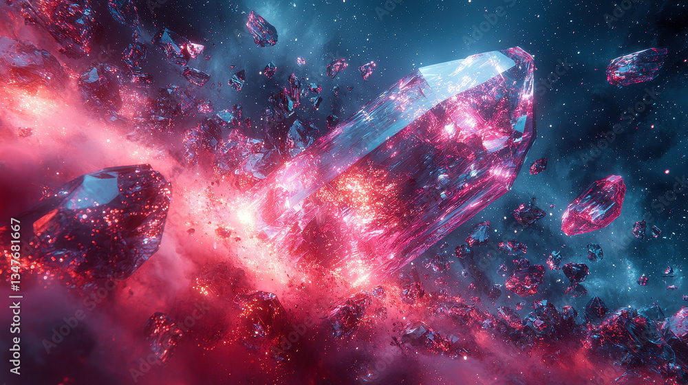 Poster dynamic light trails and crystal shards create an elegant futuristic composition with iridescent tex