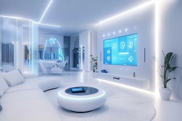 Futuristic smart home living room with seamless wi fi sockets and holographic ui glow