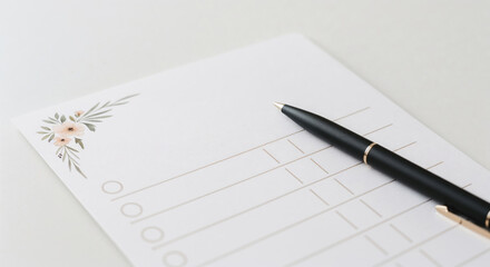 Elegant wedding checklist with soft floral design and pen for bridal planning