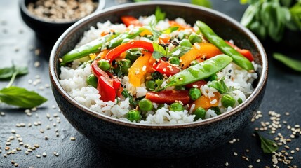 Colorful vegetable and rice bowl on dark surface with sesame seeds