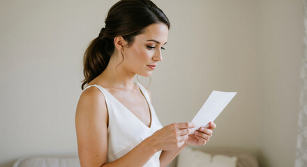 Thoughtful bride reading a wedding planning checklist in elegant white dress against neutral background