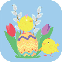 Easter chicks, Happy Easter, Easter egg, spring holiday graphic illustration, cute decor, graphic design greeting card, flyer, spring flowers