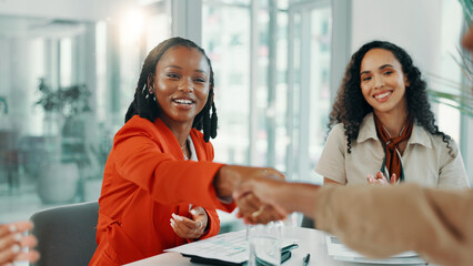 Handshake, teamwork and deal with business women for success, solidarity and support. Agreement,...