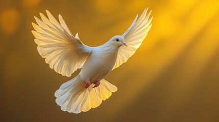 Fototapeta premium Majestic white dove soaring gracefully against a golden sunset backdrop
