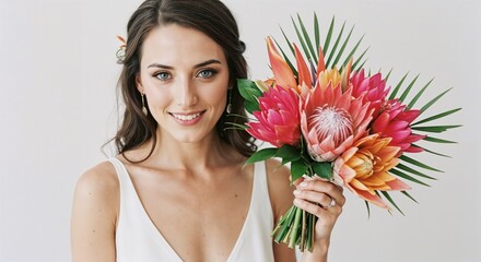 Beautiful smiling bride holding vibrant tropical wedding bouquet against white background