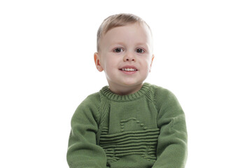 Portrait of cute little boy on white background