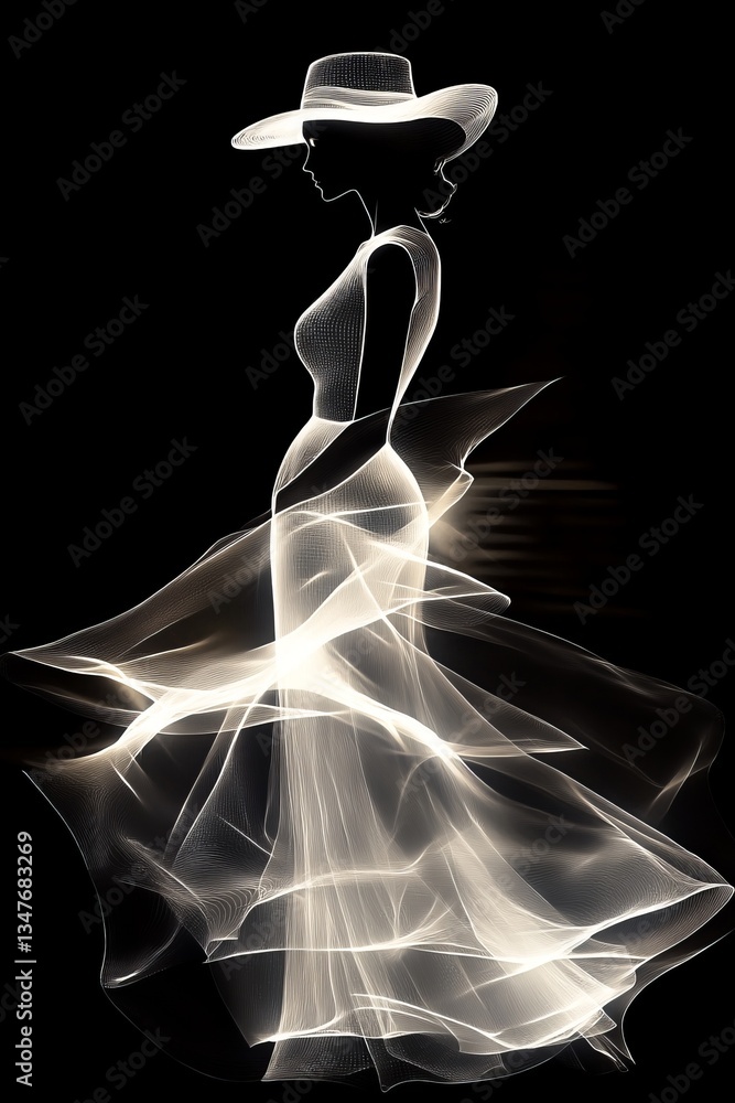 Poster elegant abstraction of a model in a flowing dress with a stylish hat captured against a dark backgro