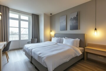A modern hotel room featuring a bed and window decor