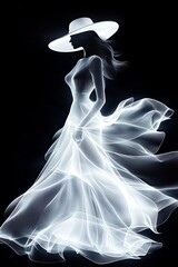 Naklejka premium Elegant abstraction of a model in flowing dress illuminated against a dark background showcasing creativity and fashion artistry