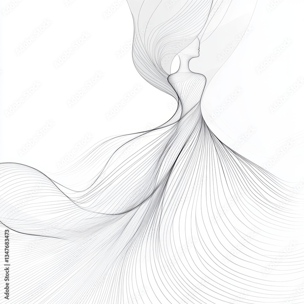 Poster model in flowing dress showcases abstract elegance with intricate line design in a minimalistic sett