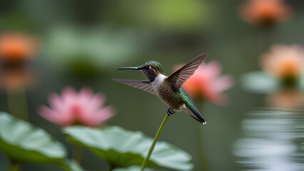 Focus on a hummingbird flying in a blurry lotus pond.
