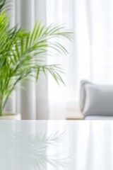 Bright interior with a plant, light furniture, and curtains creating a serene atmosphere