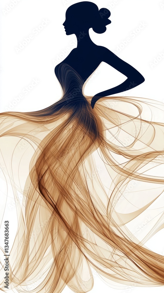 Poster elegant model showcases abstract gown design with flowing fabric textures and stylish silhouette in 