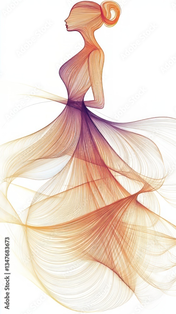 Poster elegant abstraction of a model in a flowing dress showcased with vivid lines and soft colors