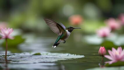 Focus on a hummingbird flying in a blurry lotus pond.