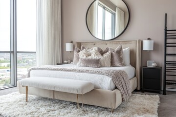 Elegant bedroom featuring a large bed and a large round mirror