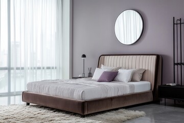 A modern bedroom with a large bed and elegant decor